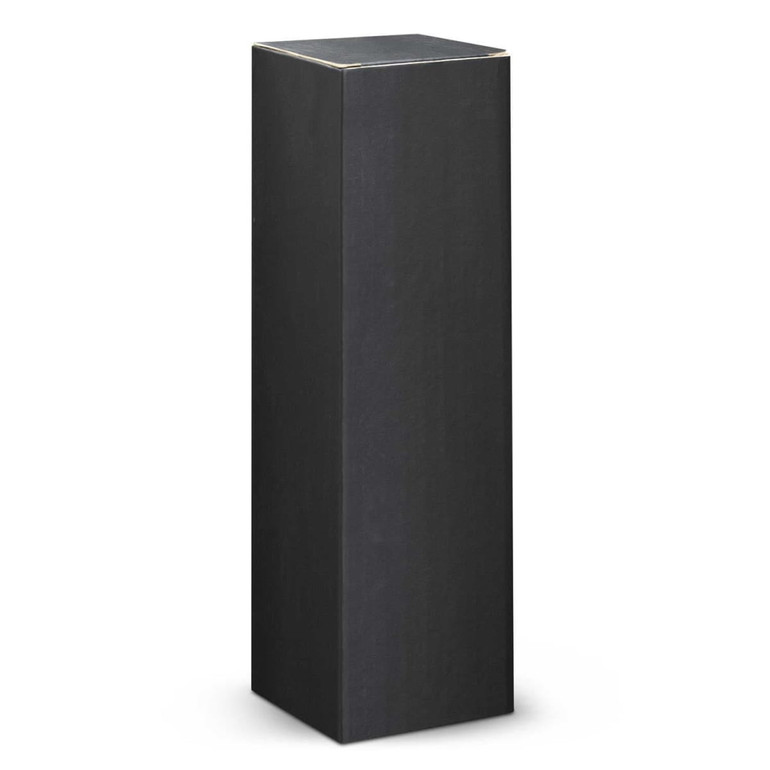 A tall, rectangular black display box with a simple design and no visible branding.