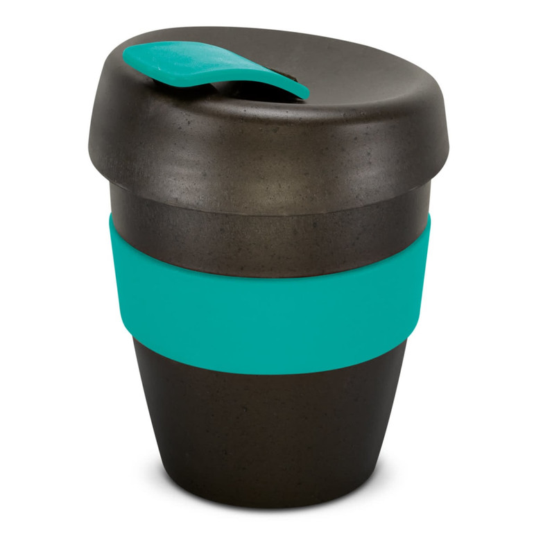 A drink bottle featuring a black body with a teal silicone band and lid. The product includes a logo.