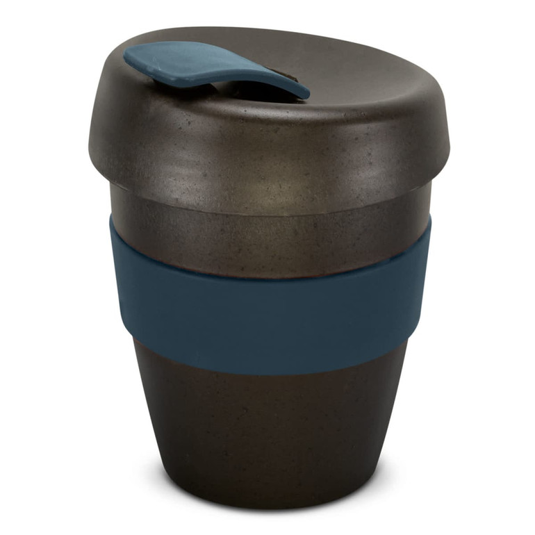 A drink bottle featuring a dark grey body with a blue silicone band and lid. It has a logo.
