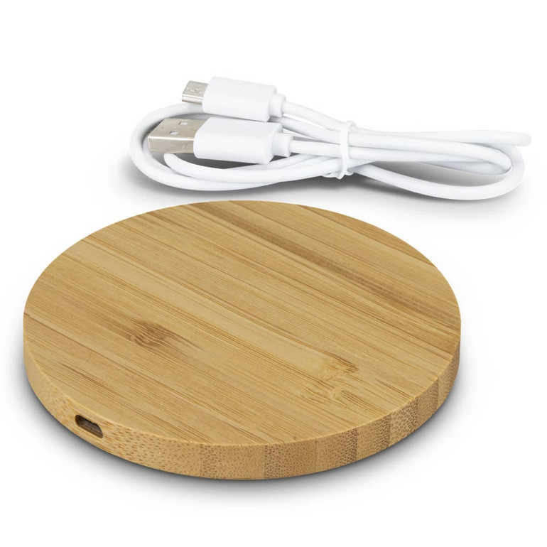 A round bamboo wireless charger with a USB cable. The charger has a natural wood finish.