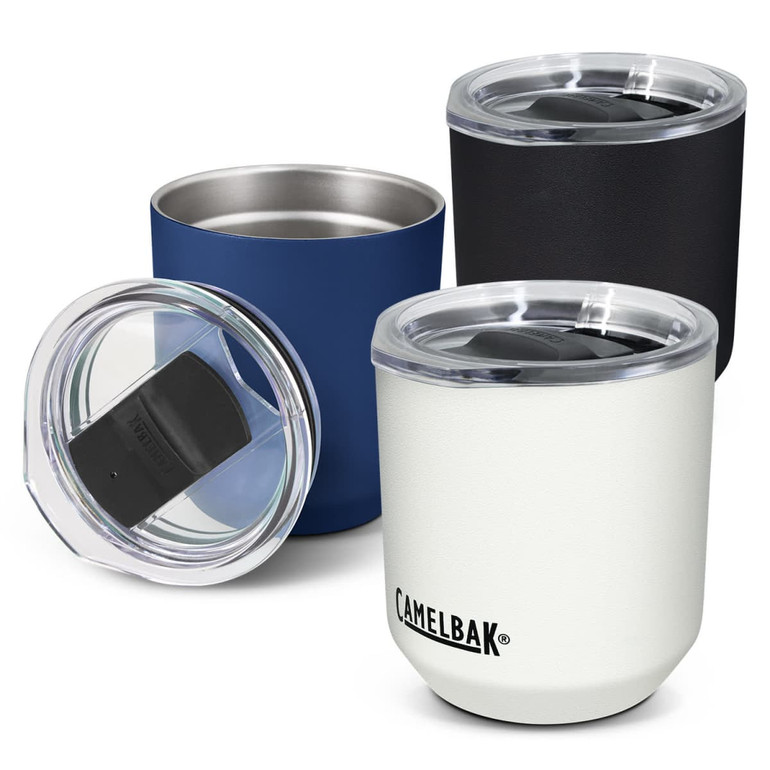 A drink bottle set featuring three CamelBak Horizon Rocks vacuum tumblers in navy blue, black, and white, with lids.