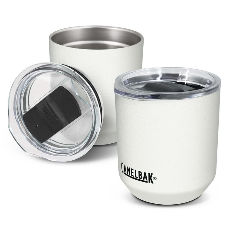 A drink bottle with a white exterior and clear lid, featuring a stainless steel interior and a logo.