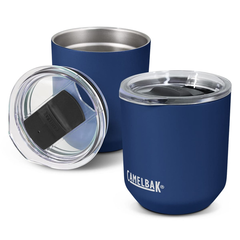 A drink bottle featuring a navy blue exterior, stainless steel interior, and a clear lid, with a logo.