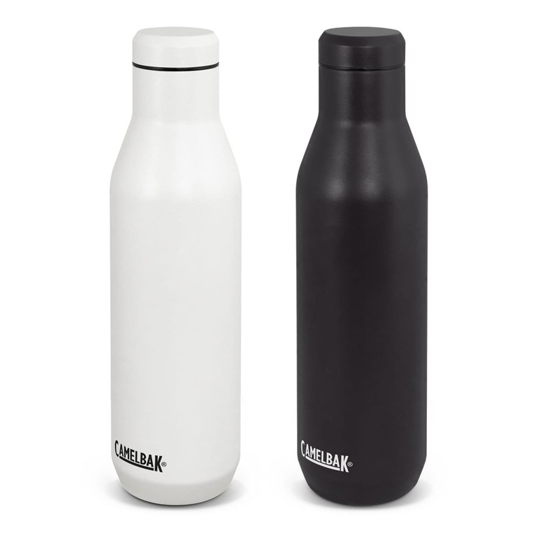 A drink bottle set featuring two vacuum bottles in white and black with a branding logo.