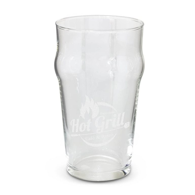 A transparent beer glass with a smooth, curved design and a subtle etched logo.