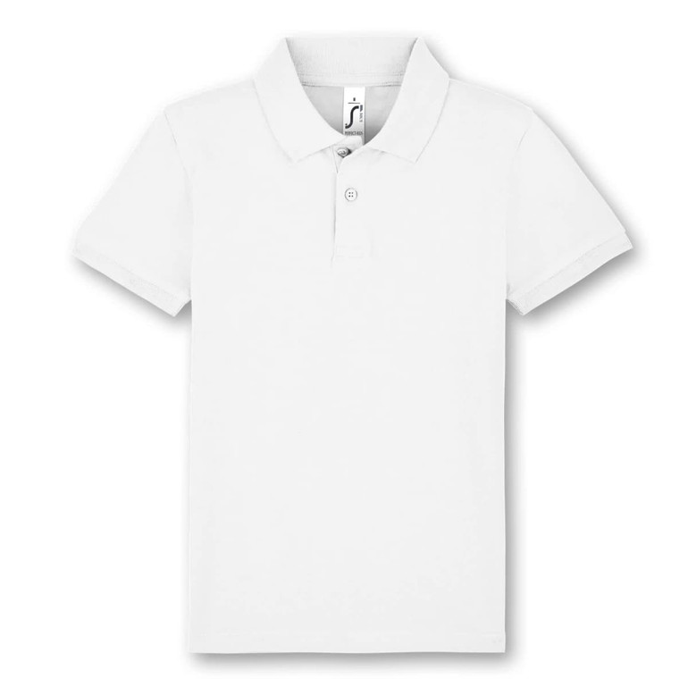 A white polo shirt with a classic collar, featuring buttons and a small logo.