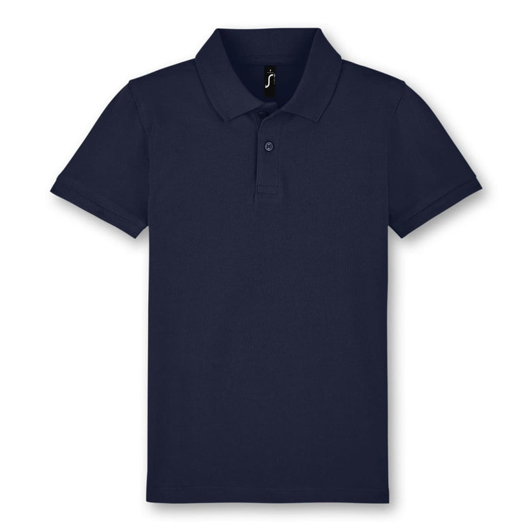 A navy polo shirt with a collar, featuring a button placket and a logo on the label.