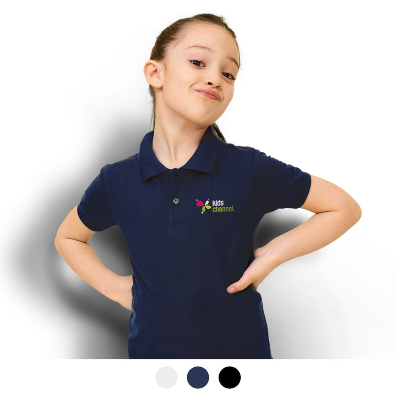 A navy polo shirt for kids with branding. The shirt features a classic collar and a fitted design.