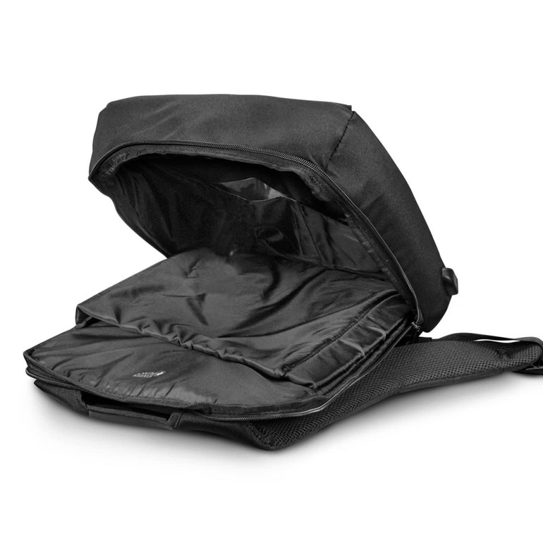 A black anti-theft backpack with an open compartment, featuring a padded interior and adjustable straps.