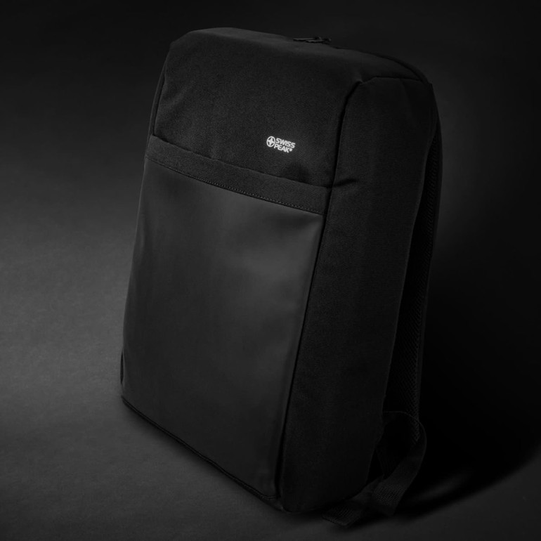 A sleek black anti-theft backpack featuring a front pocket and padded straps, with a logo on the front.