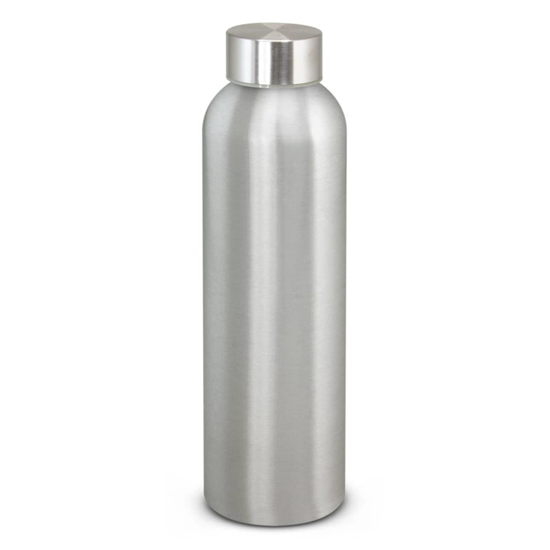 A drink bottle in a sleek, silver aluminium design with a rounded body and a secure screw-top lid.