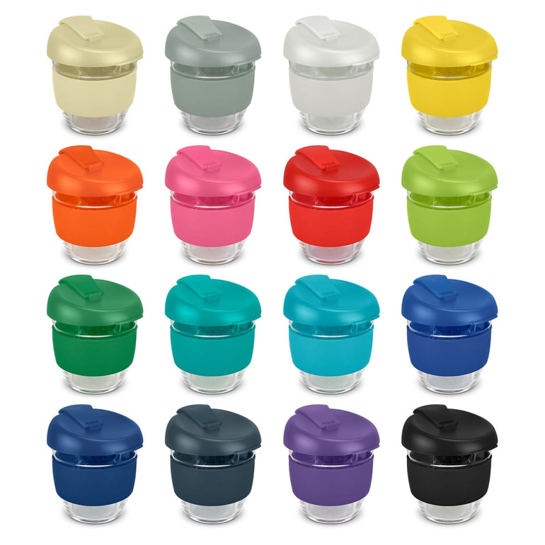 A drink bottle featuring a borosilicate glass base and a variety of coloured silicone lids, including yellow, pink, and teal.