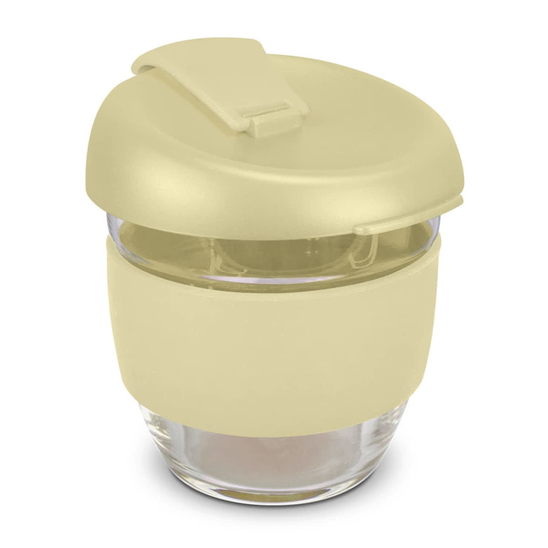 A drink bottle with a transparent glass body and a soft yellow, silicone lid and grip, featuring a logo.