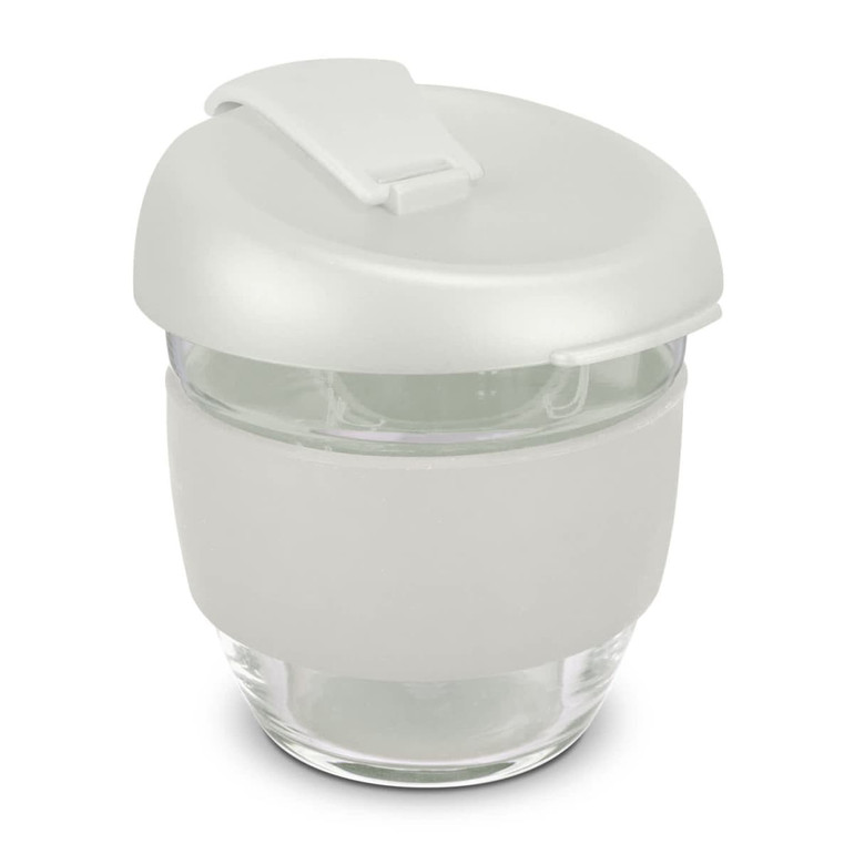 A drink bottle featuring a frosted grey silicone lid and a clear borosilicate glass body. It has a logo on it.