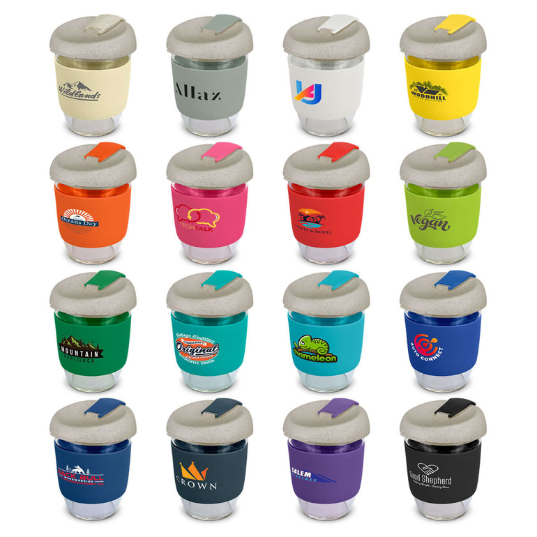 A drink bottle featuring a natural lid with a variety of colourful bodies and logos, designed for reusable use.