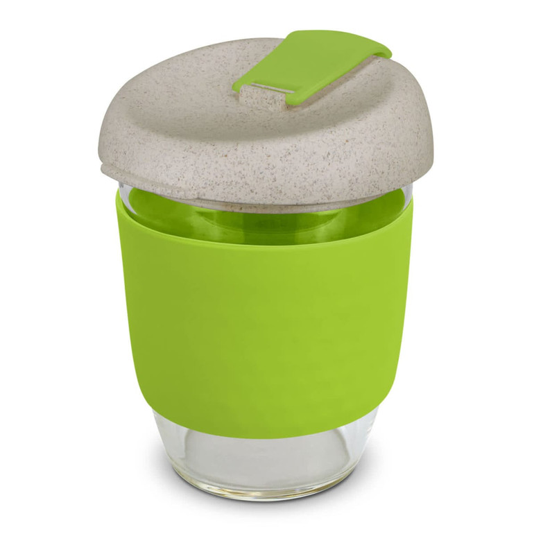 A drink bottle featuring a clear glass body, green silicone sleeve, and a light grey lid. It has a logo.