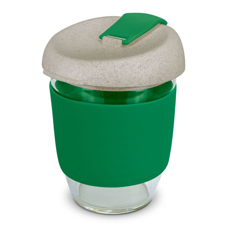 A drink bottle featuring a clear glass body, green silicone sleeve, and a natural-coloured lid with a clip.