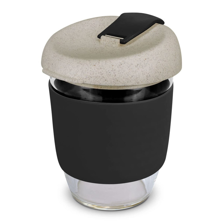 A drink bottle featuring a glass base, black silicone sleeve, and a light grey lid with a clasp. It has a logo.