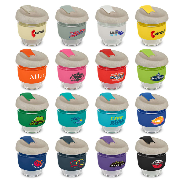 A drink bottle collection featuring various designs and colours. Each has a natural lid and a logo.