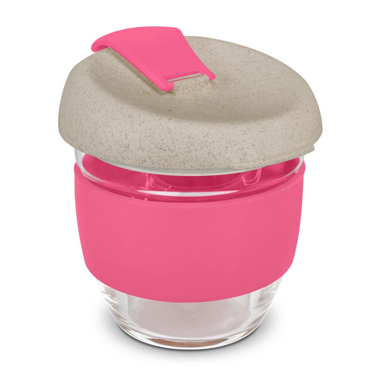 A drink bottle with a transparent glass body, pink silicone sleeve, and a speckled grey lid. It features a logo.