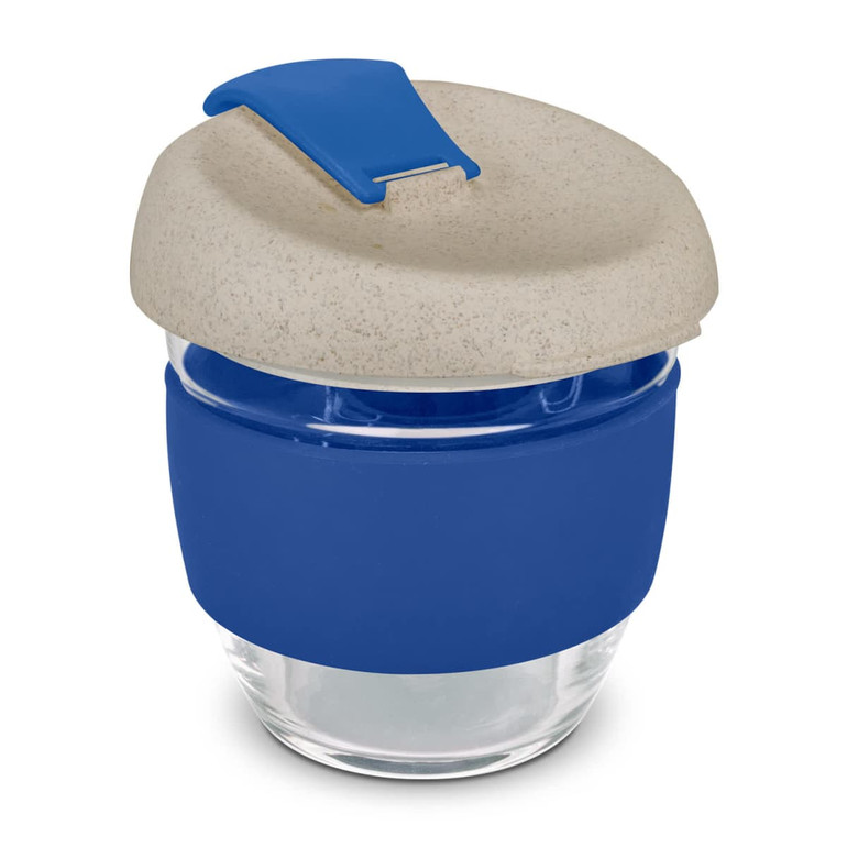 A drink bottle featuring a clear glass body, blue silicone band, and a natural-toned lid with a logo.