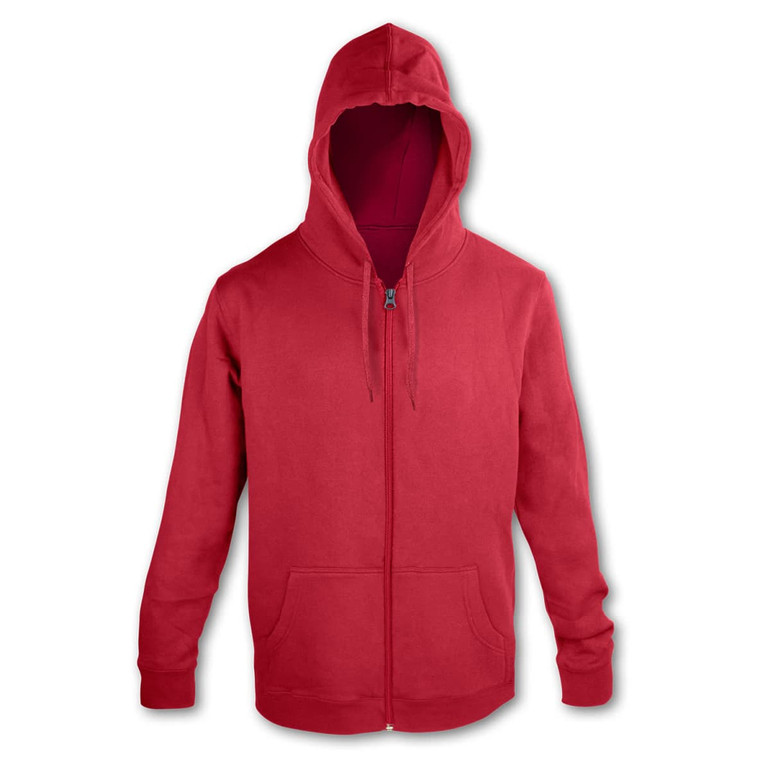 A red unisex hoodie with a front zip and pockets, featuring a hood and long sleeves. It has a logo.
