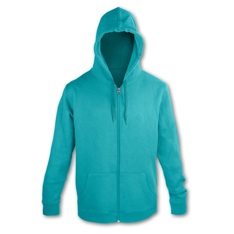 A turquoise unisex hoodie with a front zip, hood, and two pockets. Features a logo on the design.