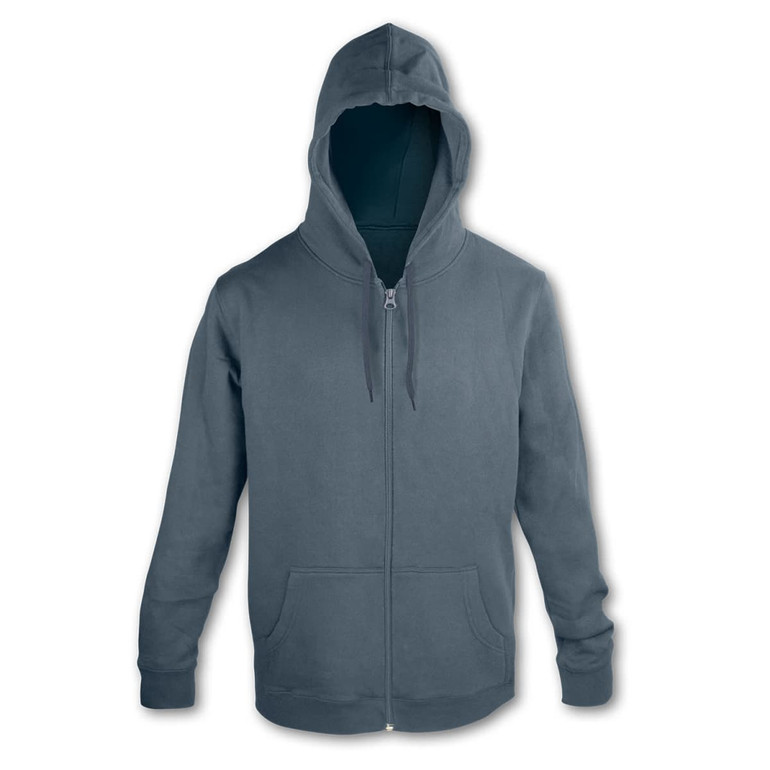 A unisex hoodie in dark blue with a zip closure and a hood, featuring a subtle branding logo.