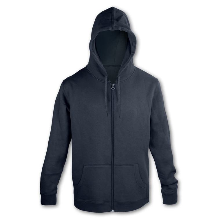 A unisex hoodie in black with a zip closure and a hood. It features a subtle logo.