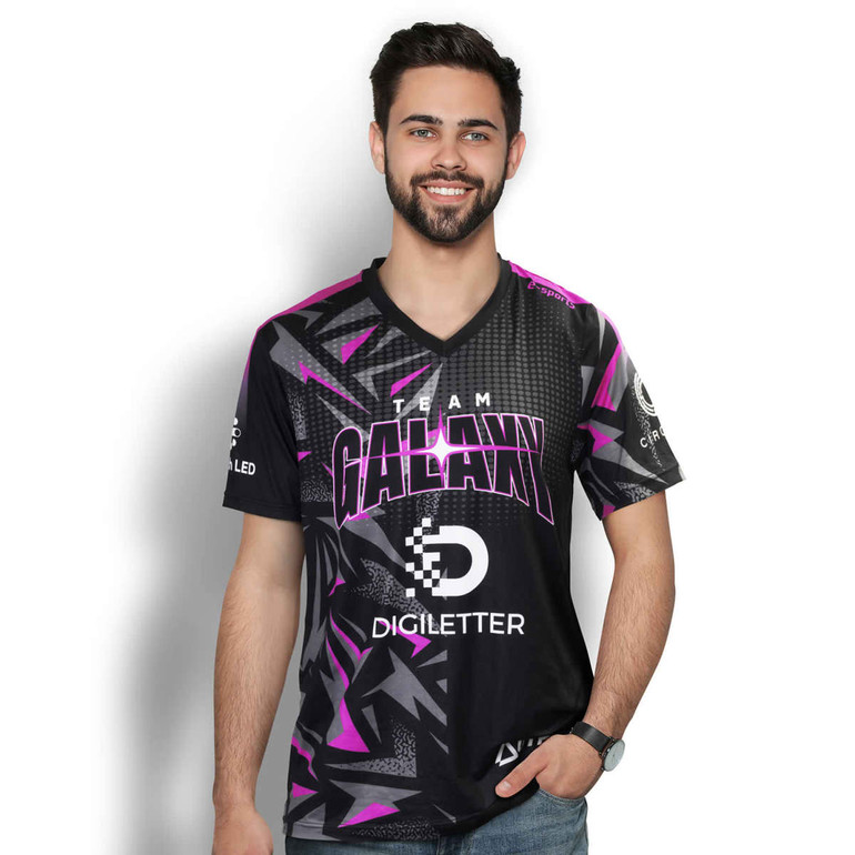 A men's V-neck T-shirt in black with pink and grey graphic designs, featuring a logo.