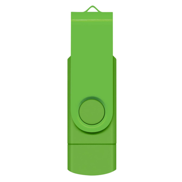 A green Helix 8GB dual flash drive with a swivel design and a circular button. It features a logo on the surface.