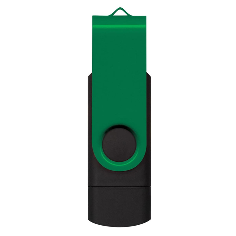 A black and green Helix 16GB dual flash drive with a swivel design and a loop for attachment.