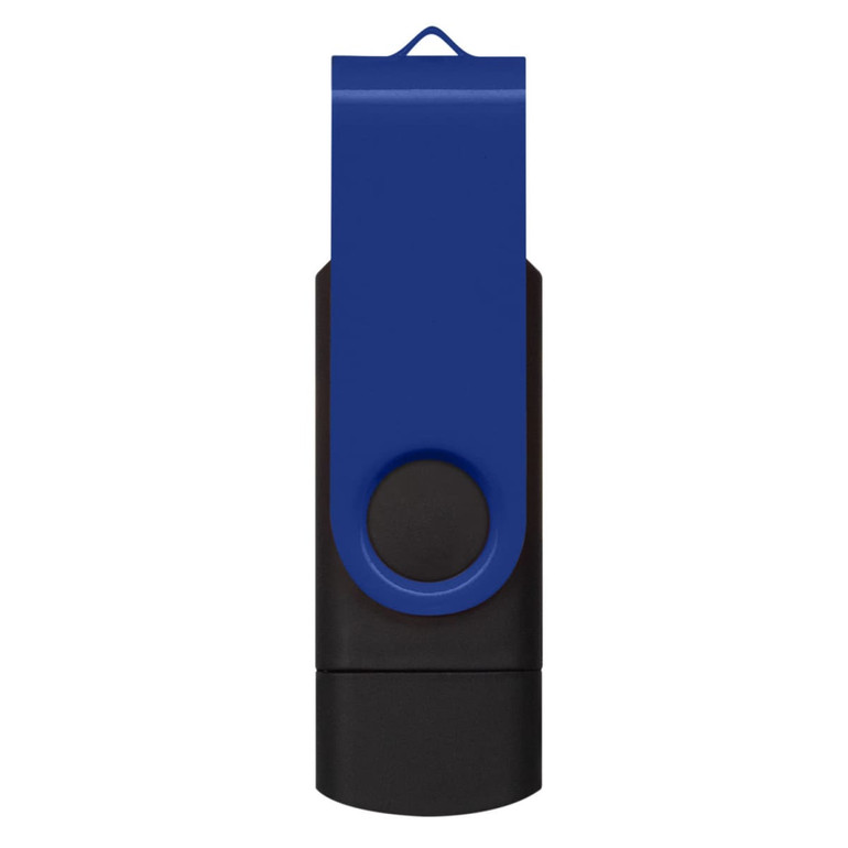 A blue and black Helix 16GB dual flash drive, featuring a rotating clip and a branding logo.