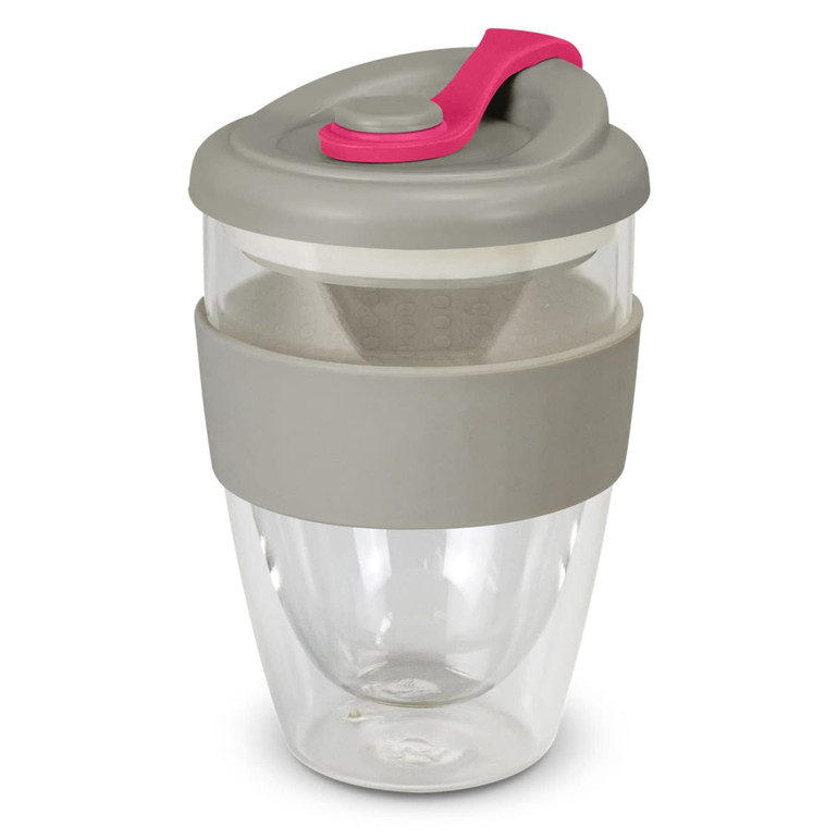 A drink bottle featuring a clear body, grey lid, and pink accent, with a silicone grip and built-in strainer.