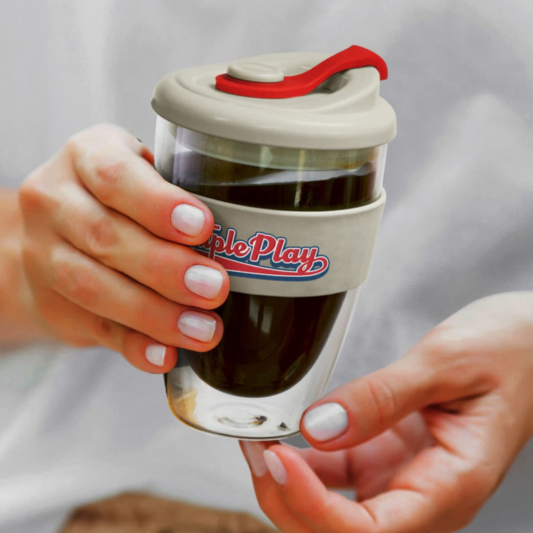 A drink bottle in a transparent design with a grey lid and a rubber grip. It features a branding logo.