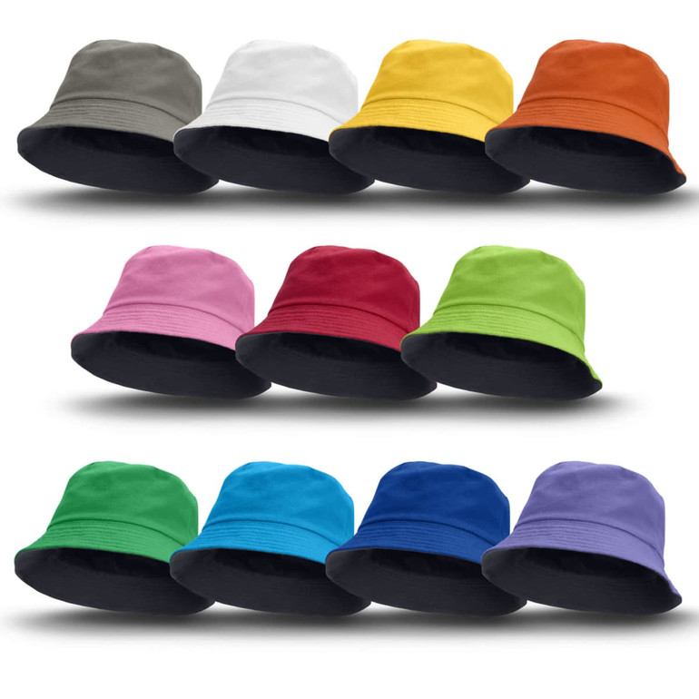 A collection of reversible bucket hats in various colours including grey, white, orange, yellow, pink, red, green, and blue, featuring a black brim.