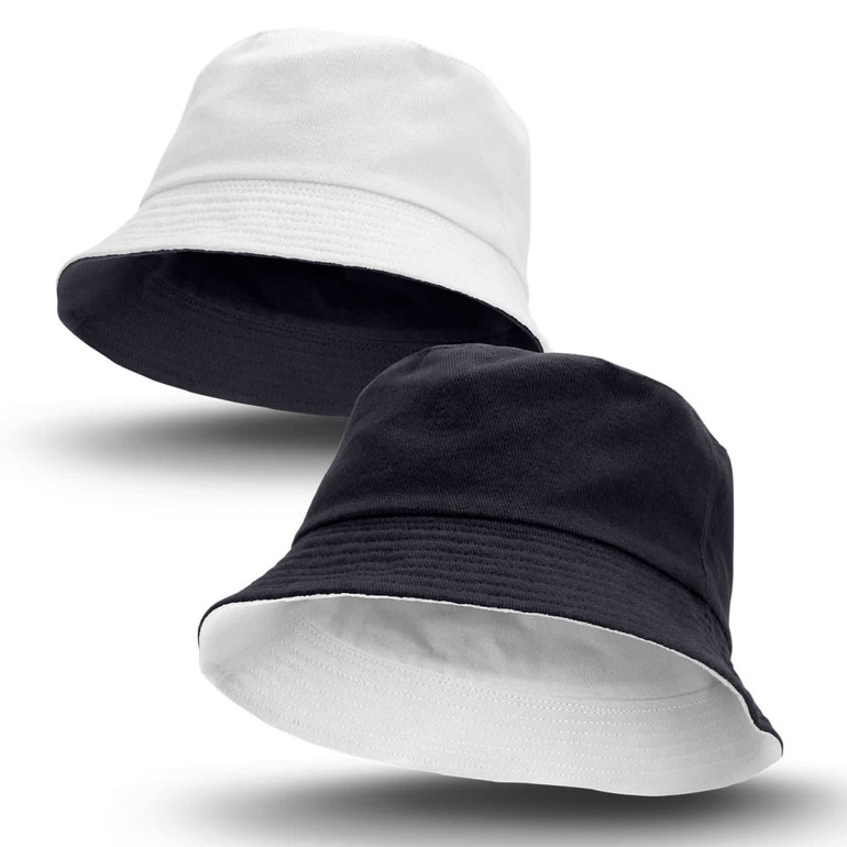 Reversible bucket hat featuring black on one side and white on the other, with a logo on both sides.