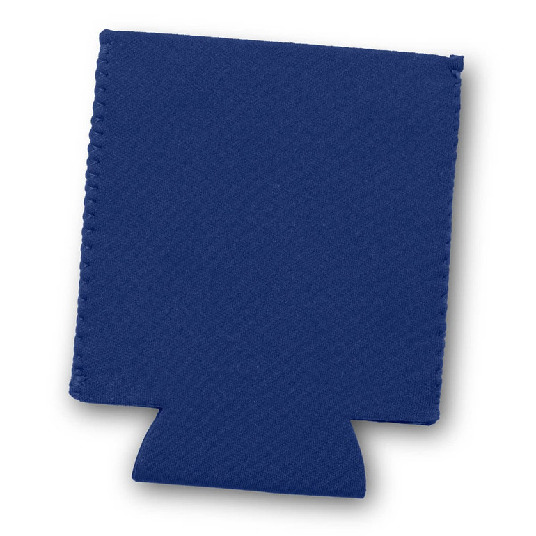 A drink bottle cooler in a deep navy blue colour, featuring stitched edges and a cutout bottom.