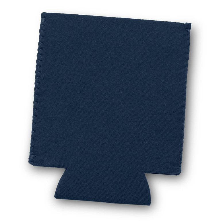 A navy drink bottle cooler with a bottom cut-out and stitched edges. It includes branding.