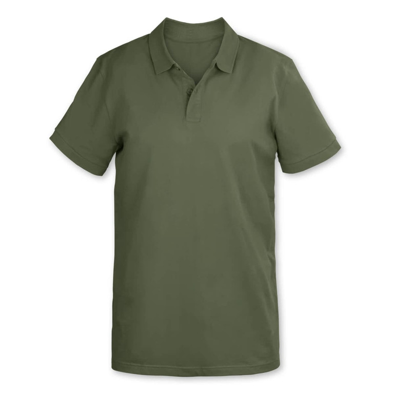 A green polo shirt with a collar and short sleeves, featuring a small logo.