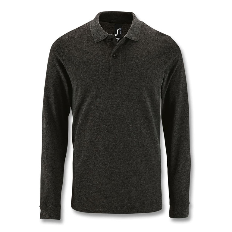 A long sleeve polo shirt in dark grey, featuring a collar and a logo on the neckline.