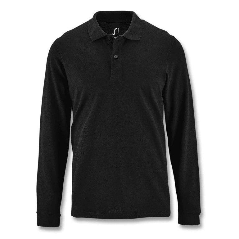 A long sleeve polo shirt in black with a collar and three buttons, featuring a logo.
