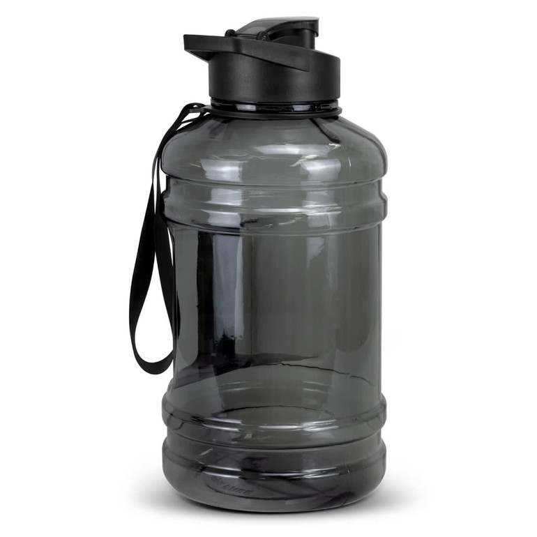 A drink bottle in grey with a black lid and carry strap. It features a logo on the body.