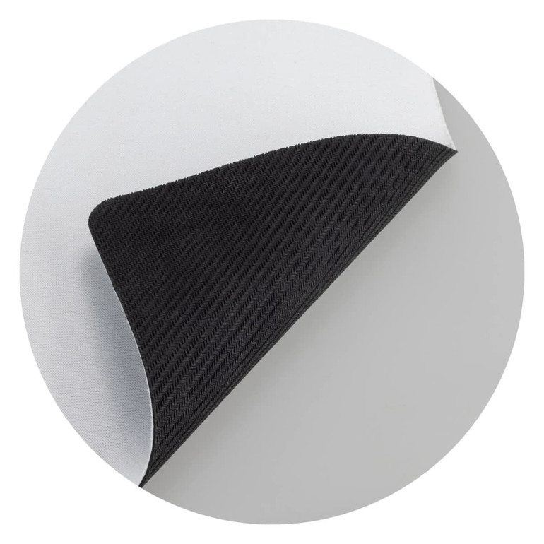 A desk mat featuring a grey top surface and a textured black underside, designed for office use.