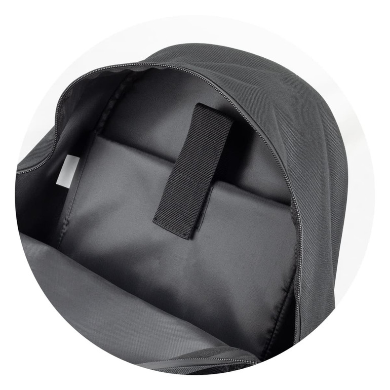 A black backpack interior featuring a spacious compartment and an adjustable strap for securing items.