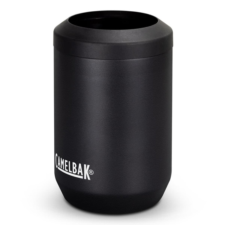 A drink cooler in matte black with a black rim, featuring a branding logo. Ideal for 350ml beverages.