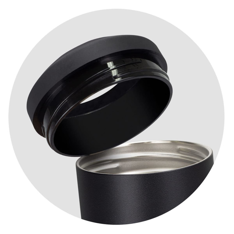 A drink bottle with a black exterior and a stainless steel interior, featuring a removable black lid.