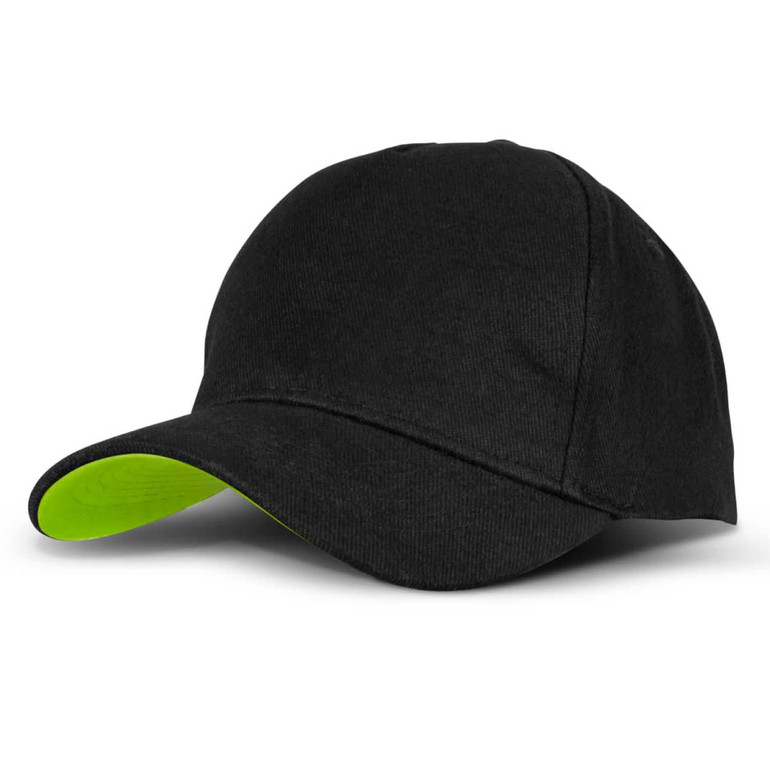 A black cap with a bright green underside on the peak. It features a logo on the front.