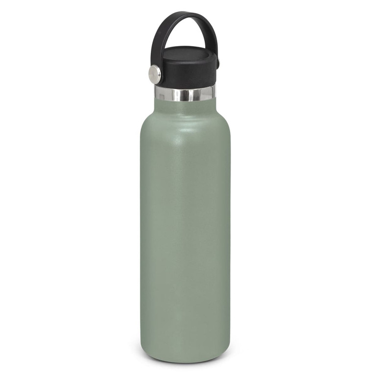 A drink bottle in a matte green finish with a black carry lid and a stainless steel band. Features a logo.