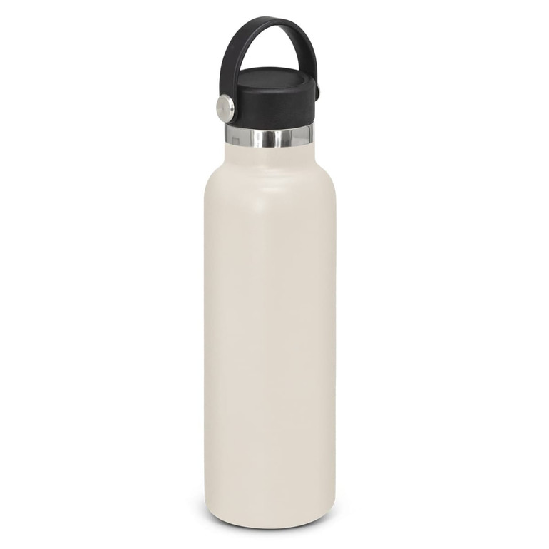 A drink bottle in cream colour with a black carry lid and a metallic band. It features a logo.